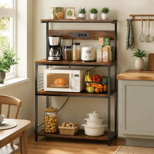 Sweetcrispy 4-Tier Metal Kitchen Baker's Rack with Power Outlet - 12mm Indoor Furniture Shelf, Coffee Bar Station, Microwave Stand, 6 S-Shaped Hooks, Home Decor, Household Items, Organizer Storage, Beautiful Design, Black Legs for Spices, Pots, Pans