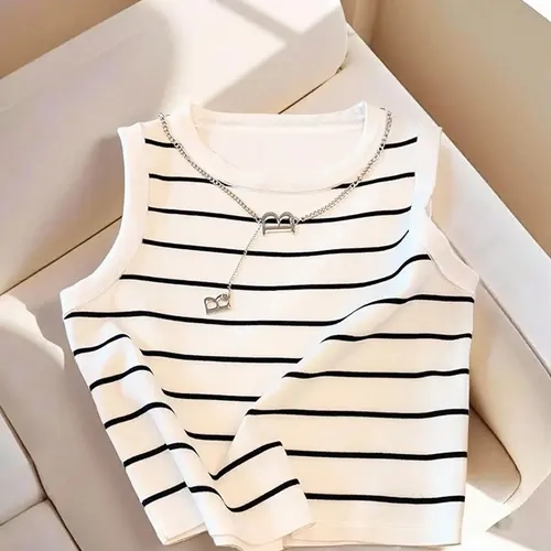 Women's Sexy Striped Cropped Short Sleeveless Round Neck Vest Top, Fashion Casual Sleeveless Tops, Fitted Y2K Hot Girl Style, Stylish and Comfortable Design