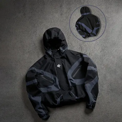 Men's Baseball Jacket High Street Patchwork Print Windproof Coat Fashion College Style Long Sleeve Outerwear for All Seasons Multi-Pocket Hooded Zipper Closure Stylish Menswear