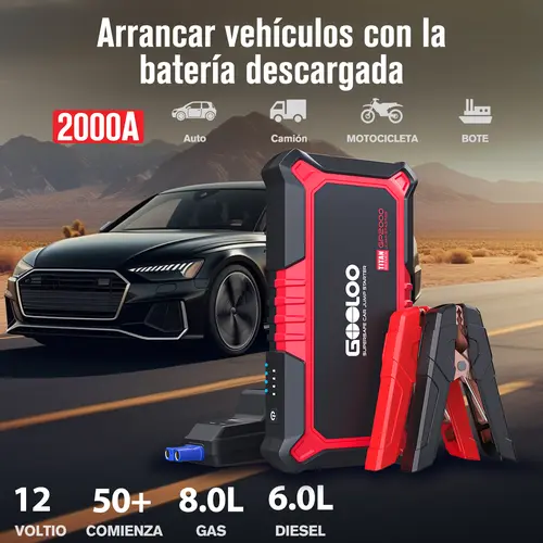 GOOLOO GP2000 12V 2000A Car Jump Starter - Automotive Tool Kit, Car Accessories, SuperSafe Portable Lithium Battery Charger with Quick-Charge USB for 8.0L Gas/6.0L Compression-Ignition Vehicles