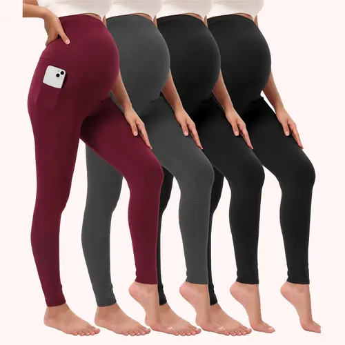 Women's Maternity Leggings (4 Pack, Knitting Fabric) - Over-the-Belly High Waisted, Built-in Pockets, Smooth Feeling, All Seasons Maternity Clothes for Yoga & Workout Activewear (Assorted Colors)