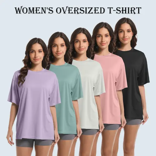 Women's 5-Pack Oversized T-Shirts - Short Sleeve, Round Neck, Quick-Dry, Breathable, Loose-Fit Athletic Gym Tops (Dark Pink+Blue+Gray+Green+Black) for Workout/Gym, Casual Wear