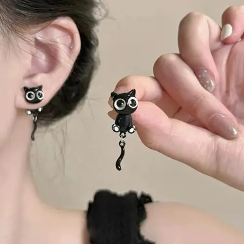 Women's 3D Black Cat Ear Studs - Copper Base with Cute Cat Paw Design, Dainty Fashion Jewelry for Women, Quirky Whimsical Gifts, Cutecore Stuff Accessories
