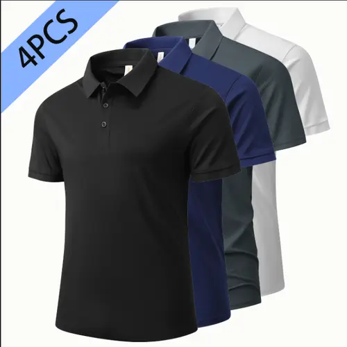 Men's 4PCS 2026 New Menswear Short-Sleeve Basic Button Polo Shirts - 8688 Smart Casual Tops, 180g Lightweight Tencel Cellulose Fabric Regular Fit, Dark Gray 4-Pack
