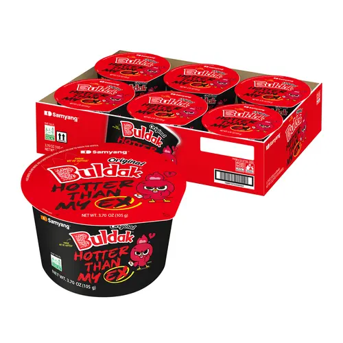 Buldak Korean Instant Noodles, Artificial Spicy Chicken Flavor with Onion, Black Sesame & Garlic, Bold Korean Heat, Chewy Asian Noodles, 3.7oz Big Bowl, Easy Prep, Convenient 6-Pack for Adults