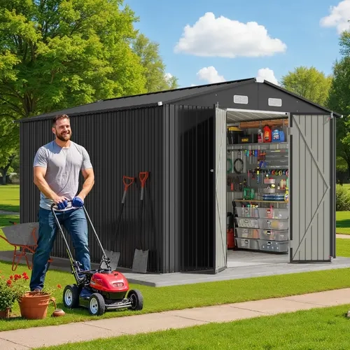 Gizoon 10x10 FT Galvanized Steel Garden Shed, Heavy Duty Weatherproof Metal Shed with Wide Double Entry Lockable Doors, 4 Air Vents for Backyard Patio Storage Organization (Grey)