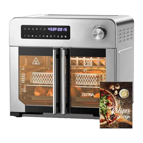 OSTBA French Door Air Fryer Toaster Oven Combo, 102 Recipes & 7 Accessories Extra Large Airfryer Convection Oven Countertop 10-in-1, 95% Less Oil, Fast & Crispy Cooking, Easy to Clean, Recipes