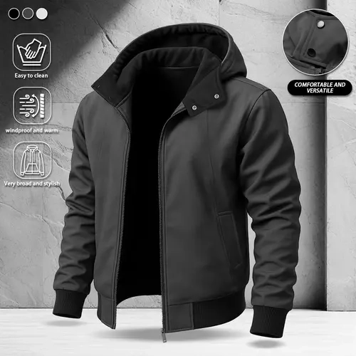 Men's Black Basic Fitted Plain Hooded Knit Cardigan Sweater - Windproof, Durable Athletic Go-To Jacket, Ribbed Cuff Sleeve Seal, Comfortable Hem, Functional Pockets, Stylish Thanksgiving Gift for Him