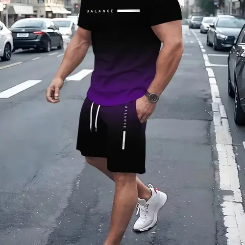Men's Gradient Fitness Short Sleeve Set, Summer Trendy Athletic Sportswear Casual Two-Piece, Fitted Tee and Shorts, Regular Length, Athleisure Outfit, Activewear Shorts Sets