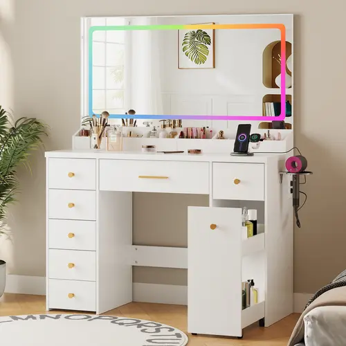 7-Drawer Modern LED Makeup Vanity with Mirror - Sturdy Bedroom Dressing Cabinet, Color LED Lighting, Pull-Out Drawers, Power Outlet, Dresser Organization, Dreamy Design, Assembly Required, Furniture Gift for Girls