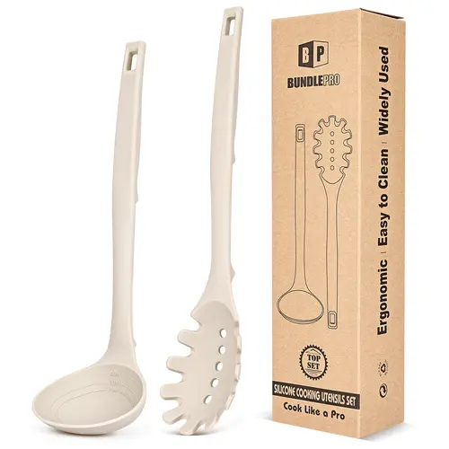 BUNDLEPRO 2-Piece Hanging Silicone Kitchen Utensil Set - 40ml Pasta Fork (Serving Spaghetti), Ladle (Soup Spoon with Measurement Lines), BPA Free, Food Grade, Durable, Heat-Resistant, Pot-Safe Soft Head, Non-Stick, Scratch Resistant, Back Hooks