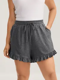 BLOOMCHIC Plus Size Casual Comfy Shorts - Supersoft Mixed Color Spandex Knit,Elastic Waist Ruffle Hem Shorts with Pockets, Soft Comfy Relaxed Fit, Drawstring, Ruffled, Pocket, Flattering Fit,Women's Bottoms, M-6X Spotlight,Summer wins,Deals for you days