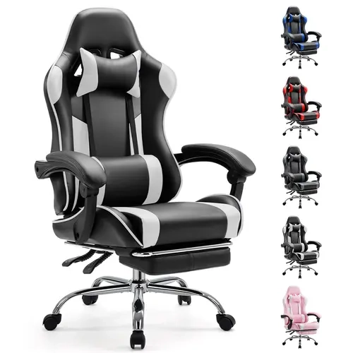 Sweetcrispy Modern Ergonomic Adjustable Video Game Chair - PU Leather Swivel Model with Fixed Arms, Footrest, Lumbar Support, Headrest, Height Adjustability, 360° Swivel Ease, 90-150° Lean Back, Easy Assembly for Gaming, Office Use