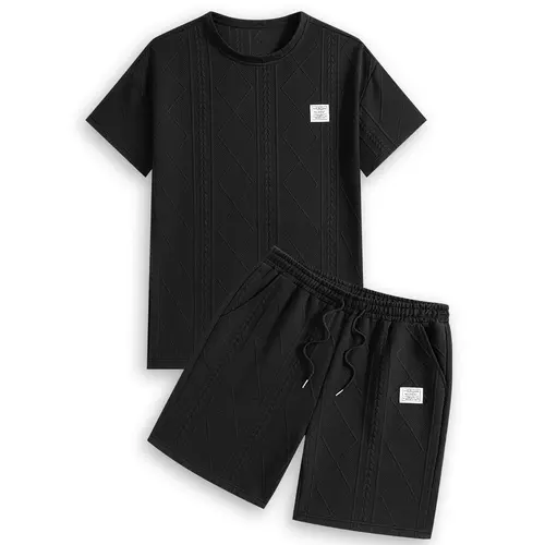 Men's 2-Piece Athleisure Matching Set - Menswear Mens Clothing Shortsleeve Jacquard Fabric Round Neck T-Shirt & Shorts, Breathable Summer Casual Fitness Outfits for Tropical Occasions,father'sdaygifts