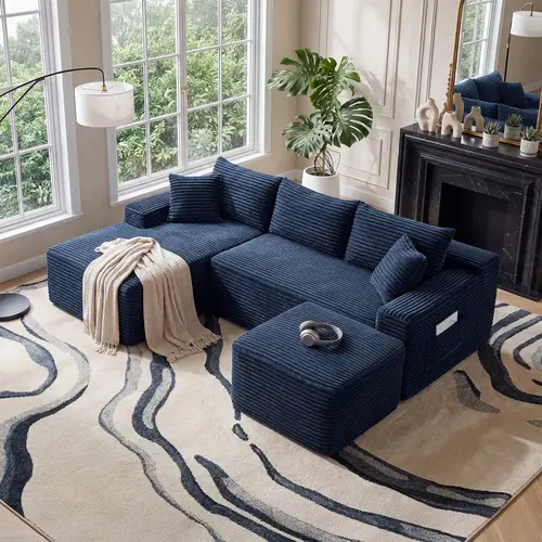 Niccae 2-Piece 95-Inch 3-Seat Luxury Corduroy Cloud-Like Modular Armless Sectional Couch Set - Includes Chaise & Ottoman, No Assembly, Flexible L/U-Shaped Config, Premium Fabric, Living Room Decor, Fits Bedrooms, Couch For Living Room