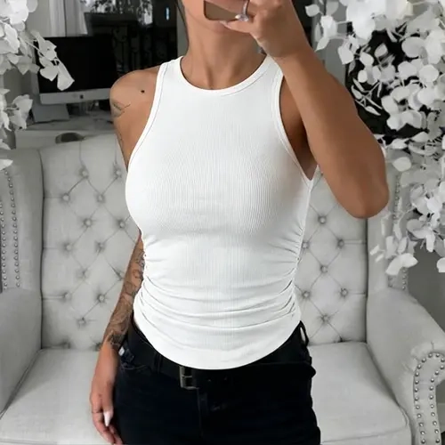 CHICME Women's Round Neck Sleeveless Side Ruched Tank Slim Fit Ribbed Racerback Tank Top