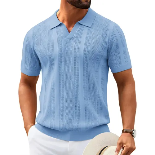 COOFANDY Mens Knit Polo Shirts V Neck Textured Polo Shirts Short Sleeve Breathable Polo Casual Collared T Shirt Fashion Tops