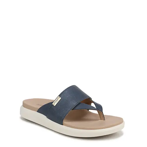 Dr. Scholl's Women's Faux Leather Slip-On Flip Flops - Flat Heel Sandals with 1.25" Heel Adds Lift, Sport Leisure Style, Lightweight Woven Fabric, Anatomically Cushioned Footbed, Flip-Flop Straps