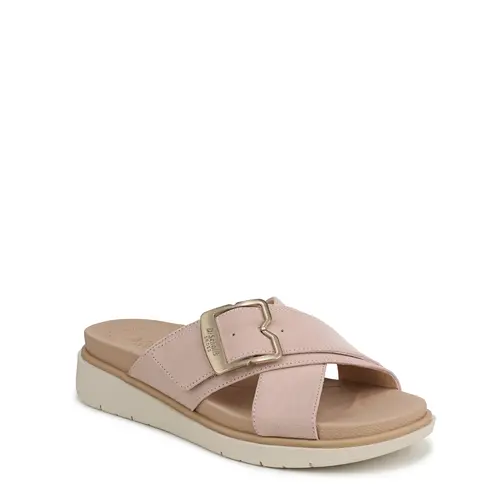 Dr. Scholl's Women's Piper Microfiber Slide Flat Sandals - Open Toe, Large Buckle, Wide Straps, Fabric Liner, 1.75" Flat Heel, Low Platform, Cushioned Insole, Flexible Sole, Recycled Upper, Easy Wear Casual Wear Footwear
