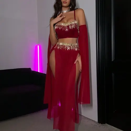 Women's Belly Dance 3-Piece Outfit Set, Stage Costumes, Deep Wine Satin Fitted Cropped Top with Gold Fringe, Sheer Long Skirt and Mesh Sleeves, Perfect for Performance, Womenswear
