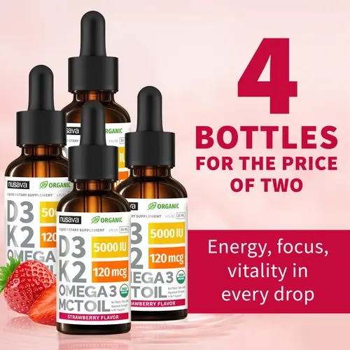 (4-PACK) Organic Vitamin D3K2 Supplement Drops with MCT Oil Omega 3, Liquid Vitamin D3 for Healthcare & Body Defenses - Non-GMO, No Fillers, 2 Fl Oz