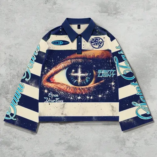 Eye starry sky striped Polo collar long sleeved T-shirt, flared sleeves with eye print stripes POLO shirt long sleeved casual, Trendy casual T-shirt suitable for men and women Striped Polo Shirts