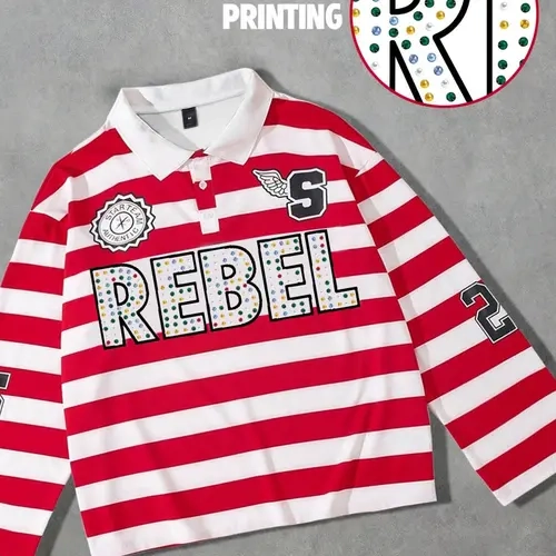 Men's long-sleeve polo-collar T-shirt featuring "23" and "32" prints and stripes; unisex style with a shirt-style collar and geometric aesthetic—a trendy, casual, Euro-American streetwear piece suitable for spring and autumn; Striped