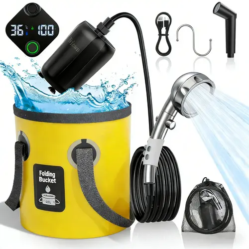 Outdoor Camping Shower Kit, Waterproof Portable Showers with Rechargeable Lithium-Ion Battery, Advanced LED Display, Adjustable Head & Collapsible Bucket for Pet Washing
