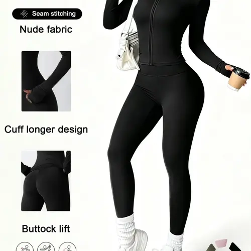 Women's High-Waist Zipper Long Sleeve Yoga Set, Elastic and Comfortable, Casual Wear for Daily Use, Fitness Running and Cycling Sportswear, Gym Outfit, Activewear Outfits, Spring Sportswear