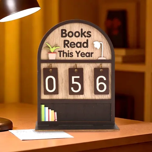 Wooden Annual Reading Count Display Plaque - Customized Decoration, Track Up to 999 Titles, DIY Text, Base for Display, Easy Visual Check of Yearly Progress, Desk Decor, Modern Home Office Decoration Item, Valentine's Day Gift for Enthusiasts