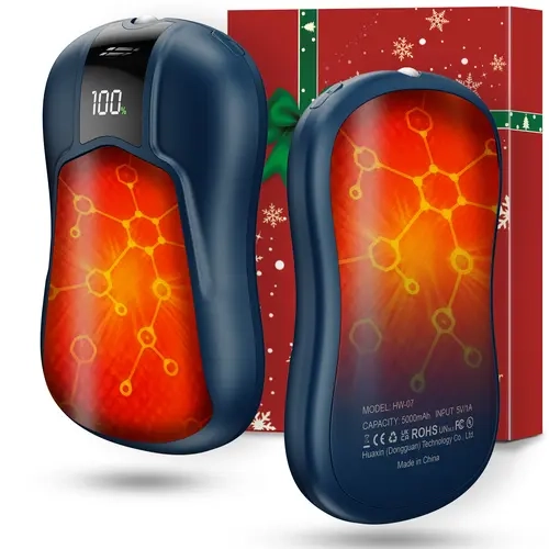 Rechargeable Hand Warmers 2-Pack, Double-Sided Heating, 10000mAh Battery, 5 Heat Levels, Built-In LED Light, USB-C Charging, Reusable Portable Pocket Heaters for Hunting, Skiing & Camping, Christmas Gifts for Women & Men