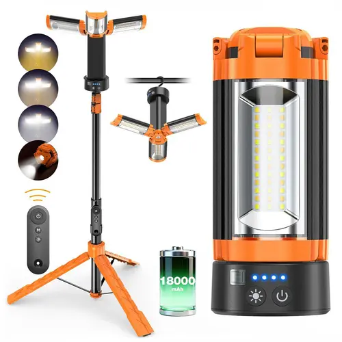 OGERY 2026 Remote-Controlled Camping Lantern - 2850LM, 18000mAh Batteries, 3 LED Lamp Heads, 6.7ft Adjustable Detachable Tripod Stand, Hands-Free Mount, 360° Room Coverage, USB Rechargeable Flashlight, Phone-Charging Function, Metal Magnet, Indoor Use
