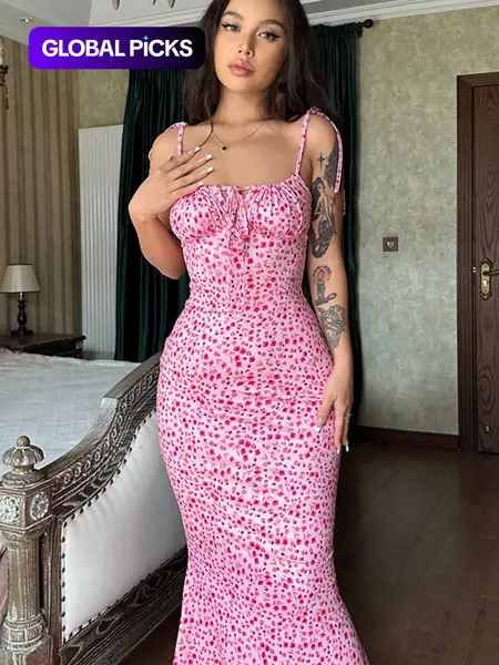 Women's Ditsy Floral Print Backless Sleeveless Adjustable Tie Shoulder Straps Knot Mermaid Dress, Chic Elegant Tie Front Maxi Cami Bodycon Dress for Holiday Party, Summer Clothes Women, Summer Dresses for Women, Womenswear Knitting