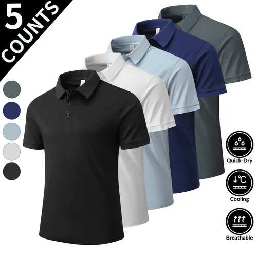 Men's 2026 New 5-Pack Short-Sleeve Solid-Toned Breathable Polo Shirts Sets, Textured Woven High-Quality Fabric, Button Closure, Exquisite Hemming, Simple High-End Design, Beige, Smart Casual M Size Summer Tees for Daily & Office Use, Textured Woven Fabric