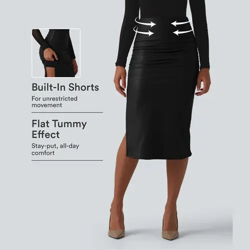 Halara High Waisted Tummy Control Ruched Curved Hem 2-in-1 Fleece PU Midi Casual Skirt
