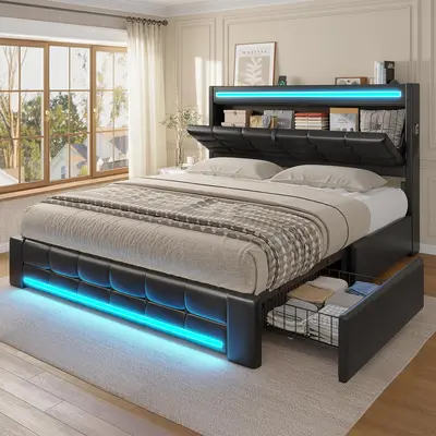 Sikaic Queen Size LED Bed Frame with Storage Headboard & 4 Drawers, Upholstered PU Leather Platform Bed with Charging Station, Button Tufted Design, No Box Spring Needed, Black Summerwins