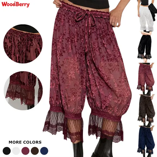 WoodBerry Women's Boho Comfy Baggy Oversize Minimalist Casual Lace Trim Wide-Leg Trouser Bloomers - Lightweight Sheer Floral Burnout Lantern Pants, Elastic Waist, Lined Coverage, Machine Washable, Party-Ready