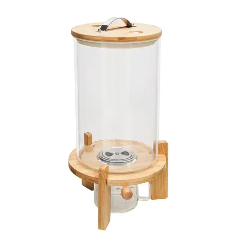 7.5L BPA-Free Food Grade Transparent Glass Rice Storage Container with Bamboo Lid, Wooden Stand, Airtight Seal, Measuring Cup, Bottom Pour Spout, Cross Dispenser - Easy-Clean Home Kitchen Grain Holder (20 cm Diameter, 45 cm Height, Natural Look), Durable,