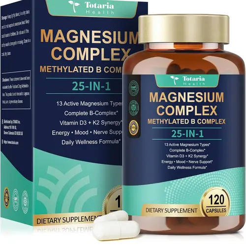 25-in-1 Magnesium Complex with Methylated B Complex Magnesium Glycinate Citrate Malate Taurate Gluconate Aspartate Carbonate D3 K2, Magnesium Supplement for Relaxation Energy & Nerve, 120 Vegan Caps