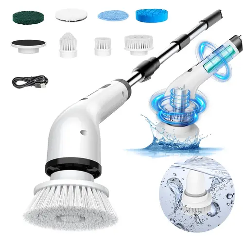 Cordless Electric Spin Scrubber - IPX7 Waterproof Household USB Rechargeable Scrubber Kit with Adjustable Speed, Extendable Handle, Long Battery Life, Handheld Cleaning Brush for Bathroom, Kitchen Home Cleaning Tool