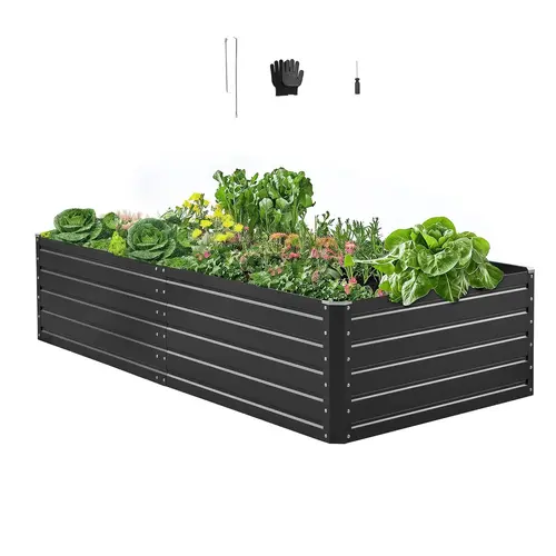 VEVOR Galvalume Metal Raised Garden Bed - 6.7x3x1.5ft Gray Rectangular Planter Box, Outdoor Vegetable Planting Box with Open Bottom, Rolled Edges, Pre-Drilled Panels, 1 Pair of Gloves, Rectangular Planters for Outdoor Plants Great for Veggies & Herbs
