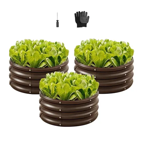 VEVOR 3-Bed Rectangular Garden Planter Set, 2x2x1 ft Galvanized Steel Raised Beds Kit with Rounded Corners, Open Bottom, Wood Grain Design, 18 Side Panels, Pre-Drilled Install, 1 Screwdriver, 1 Pair of Gloves for All Year Round Vegetable Growing