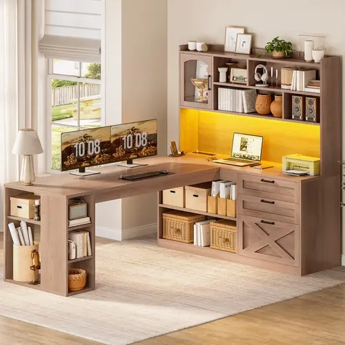 Sedeta 61-Inch Farmhouse L-Shaped Corner Gaming Desk - Engineered Wood Rustic Office Corner Desk with Glass Display Cabinet, A4 File Drawer, Shelves, LED Lights, Built-In USB Ports, Surge Protector for Bedroom Workstations
