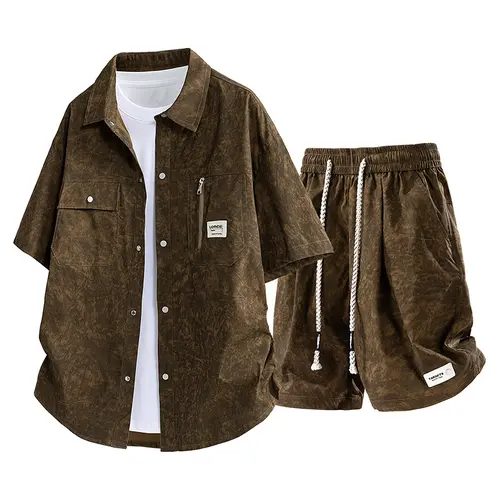 Men's 2-Piece Outfits, 2026 Hot Style Retro Detroit Look Short Sleeve Shirt & Drawstring Shorts Set, Brown Corduroy American Cleanfit Tie-Dye Workwear 2-Piece Sets