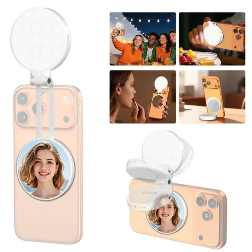 Newmowa 3-in-1 Combo Magnetic Mirror Selfie Tool - MagSafe 360° LED Ringlight, Mirror, Phone Stand, Portable Rechargeable, 3 Color Temperatures, iPhone 17 Compatible, Wireless LED Lights for Content Creators, Makeup Vlogging
