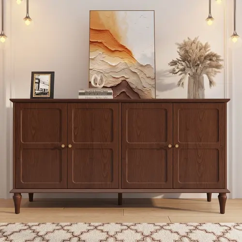 【Fall Deals】HLR Mid-Century Modern Walnut Wood 4-Door Sideboard Buffet Cabinet - Scratch-Resist. Durable Surface, Panel Detail, Raised Legs, Space-Saving Large Hidden Storage, Wide Decor Top, Fits Dining/Entry, Assembly Required Indoor Cupboard