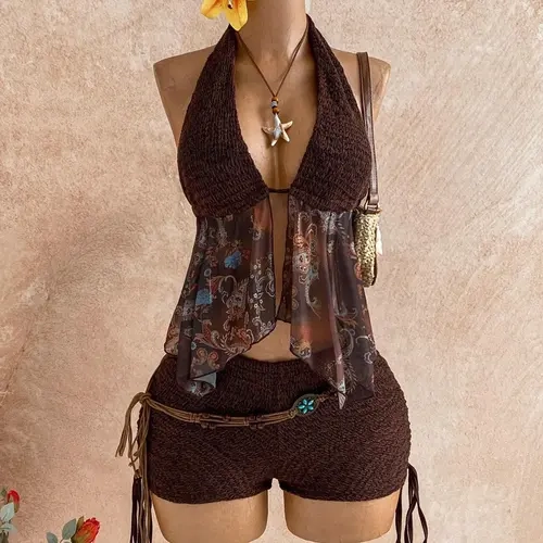 Women's Two-Piece Boho Set Paisley Backless Fitted Adjustable Tie Top and Low Waist Ruched Drawstring Shorts Set Outfit, Womenswear, Summer Matching Sets, Sexy Summer Fashion for Party, Date, Tea Time, Carnival, Beach Clothes
