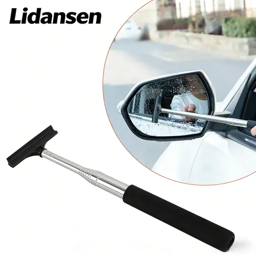 Black Retractable Car Rearview Mirror Wiper - Long Handle Portable Compact Squeegee with Comfortable Grip, Gentle Rubber No-Scratch Mirror-Safe Brush, Extends Up to 38.6 in, Car Detailing Products, Auto Accessories for Rain/Fog Glass Cleaning