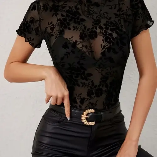 Women's Sexy Chic Short Sleeve T-Shirt, Womenswear, Tops, Bohemian Fitted Top, Stand Collar Design, Mesh Velvet Material, Slim-Fitting, All over Print Floral, Boho Style Floral, Spring Summer New Arrival