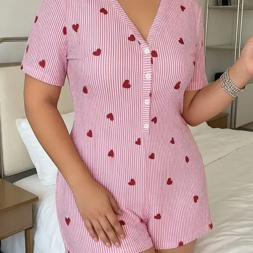 Plus Size Women's Sexy Fitted Print One-Piece Short Pajamas, Pajama Onesies, Sweetina Onesie, Cute Comfortable Homewear, Loungewear, Nightwear, Heart Stripe Design, Ideal Relaxation Choice